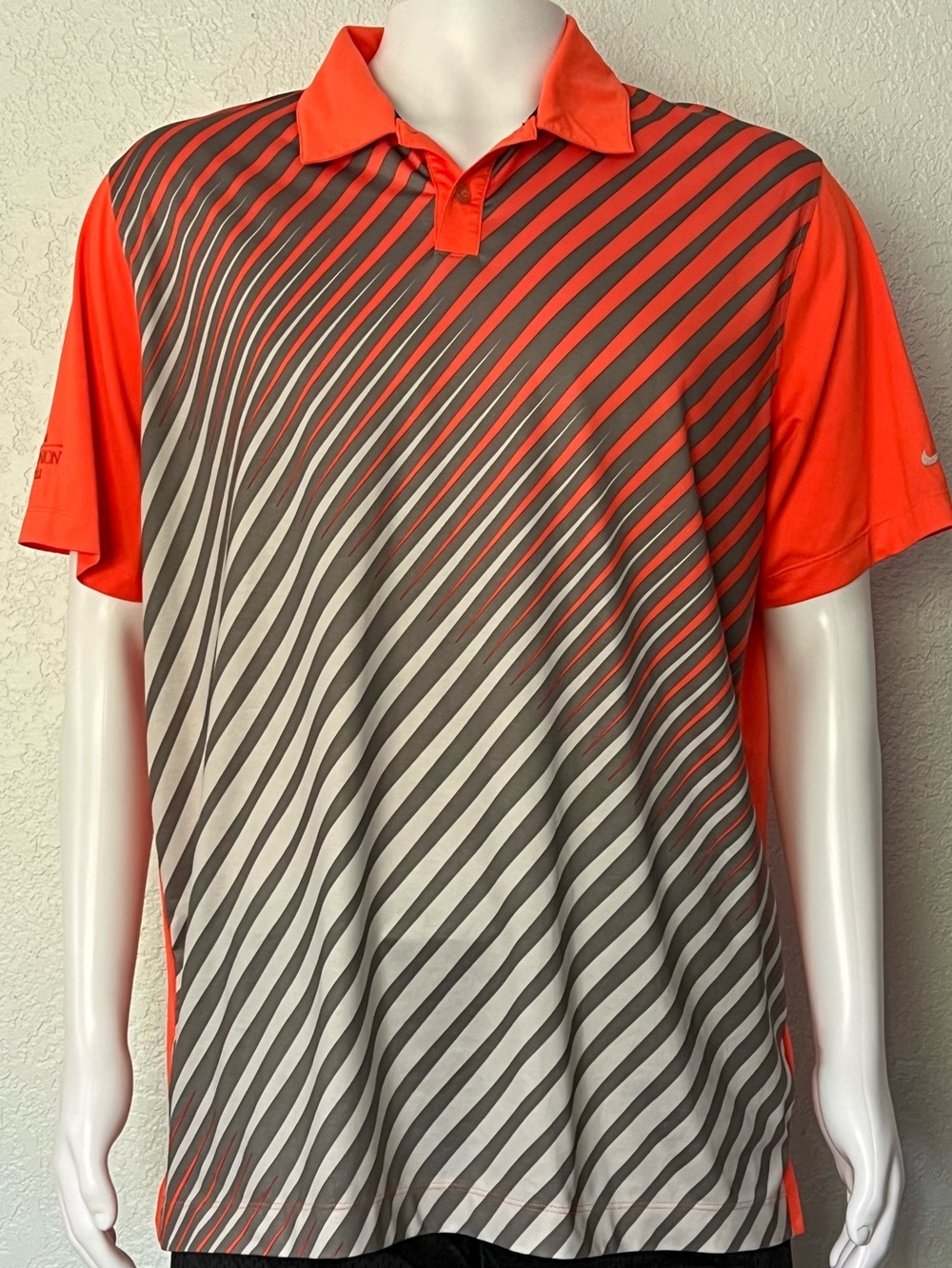 Nike Golf Dri Fit Polo Shirt Lg Orange Gray Stripe Tour Performance Resort Wear